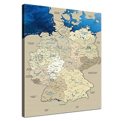 LanaKK - Deutschlandkarte Leinwandbild "Deutschlandkarte Blue Ocean" - Deutsch - Kunstdruck-Pinnwand auf Echtholz-Keilrahmen - Globus in Blau, Einteilig & fertig gerahmt in 70x100cm