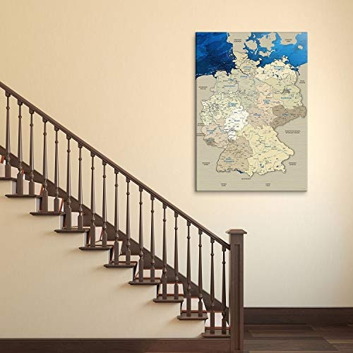 LanaKK - Deutschlandkarte Leinwandbild "Deutschlandkarte Blue Ocean" - Deutsch - Kunstdruck-Pinnwand auf Echtholz-Keilrahmen - Globus in Blau, Einteilig & fertig gerahmt in 70x100cm