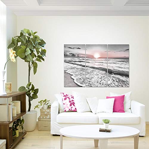 Bilder Sonnenuntergang Strand Wandbild 120 x 80 cm Vlies - Leinwand Bild XXL Format Wandbilder Wohnzimmer Wohnung Deko Kunstdrucke Rosa Grau 3 Teilig - MADE IN GERMANY - Fertig zum Aufhängen 023731b