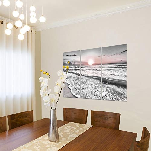Bilder Sonnenuntergang Strand Wandbild 120 x 80 cm Vlies - Leinwand Bild XXL Format Wandbilder Wohnzimmer Wohnung Deko Kunstdrucke Rosa Grau 3 Teilig - MADE IN GERMANY - Fertig zum Aufhängen 023731b
