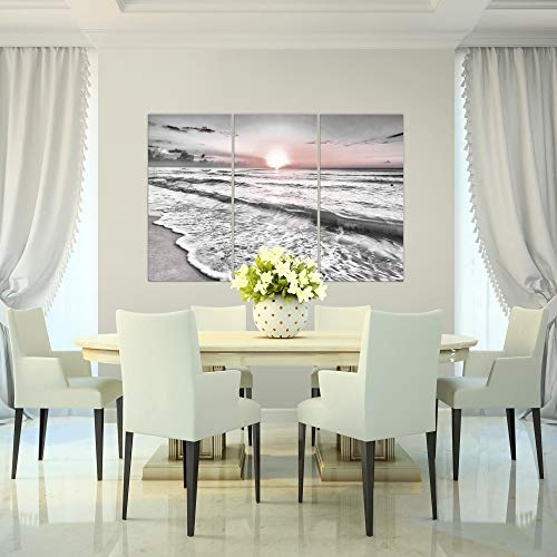Bilder Sonnenuntergang Strand Wandbild 120 x 80 cm Vlies - Leinwand Bild XXL Format Wandbilder Wohnzimmer Wohnung Deko Kunstdrucke Rosa Grau 3 Teilig - MADE IN GERMANY - Fertig zum Aufhängen 023731b