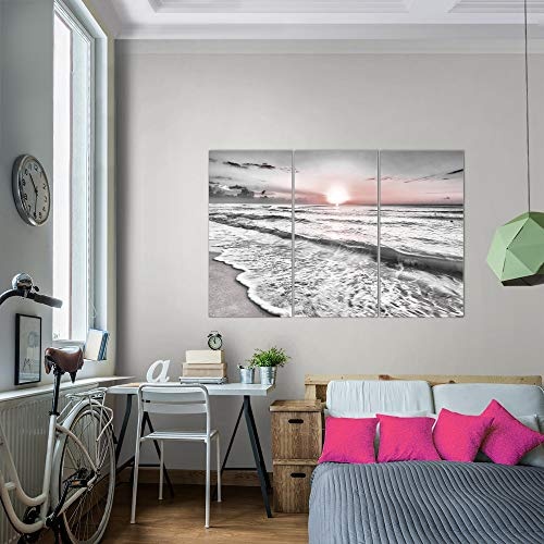 Bilder Sonnenuntergang Strand Wandbild 120 x 80 cm Vlies - Leinwand Bild XXL Format Wandbilder Wohnzimmer Wohnung Deko Kunstdrucke Rosa Grau 3 Teilig - MADE IN GERMANY - Fertig zum Aufhängen 023731b