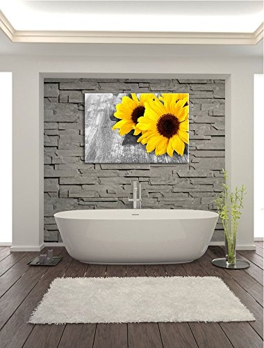 schöne Sonnenblumen auf Holztisch schwarz/weiß Format: 80x60 auf Leinwand, XXL riesige Bilder fertig gerahmt mit Keilrahmen, Kunstdruck auf Wandbild mit Rahmen, günstiger als Gemälde oder Ölbild, kein Poster oder Plakat