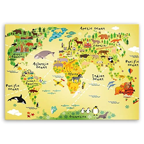 ge Bildet® hochwertiges Leinwandbild - Weltkarte für Kinder - Gelb - 70 x 50 cm einteilig 1464