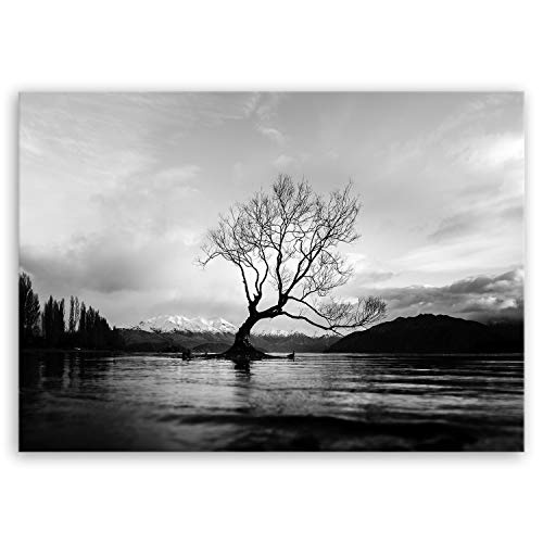 ge Bildet® hochwertiges Leinwandbild - The Wanaka Tree - Neuseeland - schwarz weiß - 70 x 50 cm einteilig