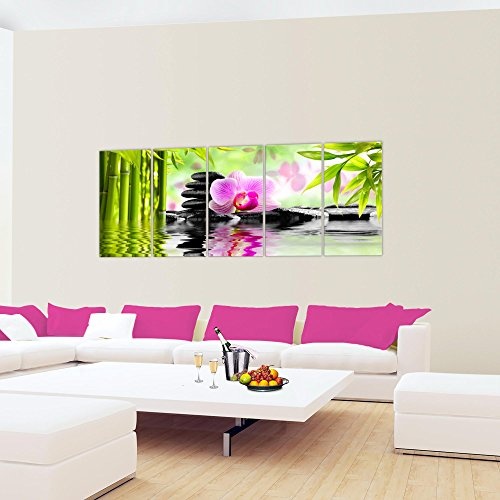 Bilder Orchidee Feng Shui Wandbild 200 x 80 cm Vlies - Leinwand Bild XXL Format Wandbilder Wohnzimmer Wohnung Deko Kunstdrucke Pink 5 Teilig - MADE IN GERMANY - Fertig zum Aufhängen 502055a