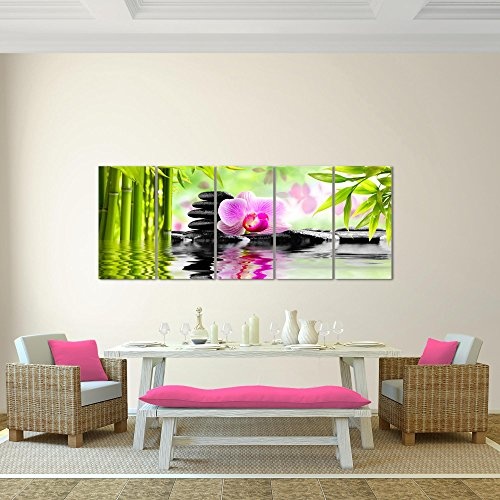 Bilder Orchidee Feng Shui Wandbild 200 x 80 cm Vlies - Leinwand Bild XXL Format Wandbilder Wohnzimmer Wohnung Deko Kunstdrucke Pink 5 Teilig - MADE IN GERMANY - Fertig zum Aufhängen 502055a