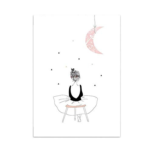 Hochwertiger Leinwanddruck mit süßem Mädchen unter einem rosa Mond als Motiv A4 21x30cm (ohne Rahmen) - Kunstdruck moderne Poster Print Leinwandbild Wandbild Leinwand Plakat Deko Bild DINA4