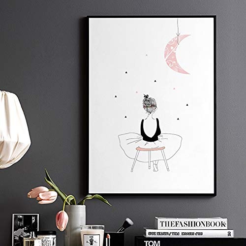 Hochwertiger Leinwanddruck mit süßem Mädchen unter einem rosa Mond als Motiv A4 21x30cm (ohne Rahmen) - Kunstdruck moderne Poster Print Leinwandbild Wandbild Leinwand Plakat Deko Bild DINA4
