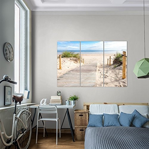 Bilder Strand Meer Wandbild 120 x 80 cm Vlies - Leinwand Bild XXL Format Wandbilder Wohnzimmer Wohnung Deko Kunstdrucke Blau 3 Teilig - MADE IN GERMANY - Fertig zum Aufhängen 607331b