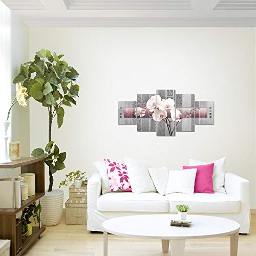 Bilder Blumen Orchidee Wandbild 150 x 75 cm Vlies - Leinwand Bild XXL Format Wandbilder Wohnzimmer Wohnung Deko Kunstdrucke Rosa Grau 5 Teilig - MADE IN GERMANY - Fertig zum Aufhängen 204653c