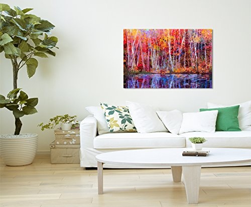 Fotoleinwand 90x60cm Ölgemälde von farbendfrohen Bäumen im Herbst auf Leinwand exklusives Wandbild moderne Fotografie für ihre Wand in vielen Größen