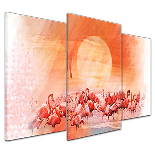 Wandbild - Aquarell - Flamingo III - Bild auf Leinwand 100 x 60 cm dreiteilig - Leinwandbilder - Bilder als Leinwanddruck - Tierwelten - Malerei - pink - Vogel