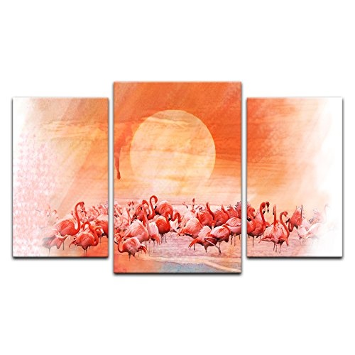 Wandbild - Aquarell - Flamingo III - Bild auf Leinwand 100 x 60 cm dreiteilig - Leinwandbilder - Bilder als Leinwanddruck - Tierwelten - Malerei - pink - Vogel
