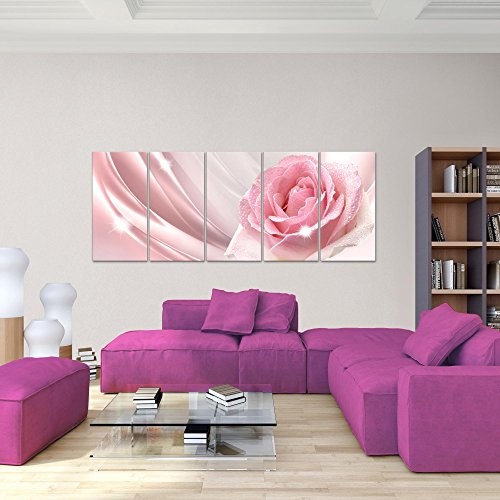 Bilder Blumen Rose Wandbild 200 x 80 cm Vlies - Leinwand Bild XXL Format Wandbilder Wohnzimmer Wohnung Deko Kunstdrucke Rosa 5 Teilig - MADE IN GERMANY - Fertig zum Aufhängen 201055a