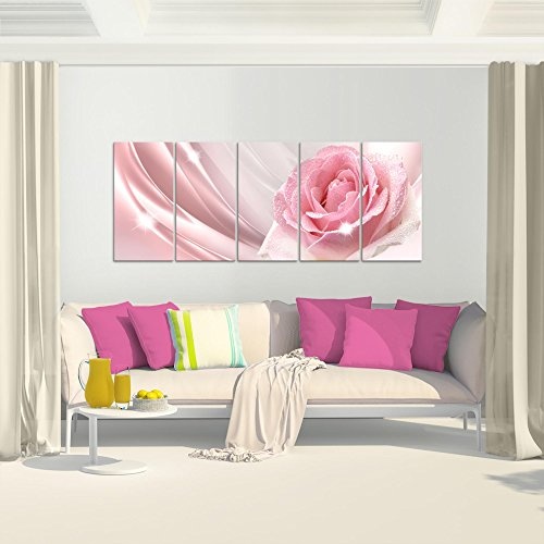 Bilder Blumen Rose Wandbild 200 x 80 cm Vlies - Leinwand Bild XXL Format Wandbilder Wohnzimmer Wohnung Deko Kunstdrucke Rosa 5 Teilig - MADE IN GERMANY - Fertig zum Aufhängen 201055a