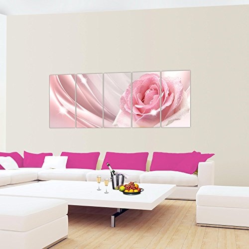 Bilder Blumen Rose Wandbild 200 x 80 cm Vlies - Leinwand Bild XXL Format Wandbilder Wohnzimmer Wohnung Deko Kunstdrucke Rosa 5 Teilig - MADE IN GERMANY - Fertig zum Aufhängen 201055a