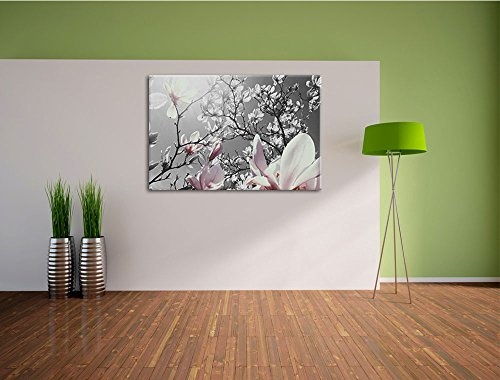 schöne Magnolie Blüten schwarz/weiß Format: 120x80 auf Leinwand, XXL riesige Bilder fertig gerahmt mit Keilrahmen, Kunstdruck auf Wandbild mit Rahmen, günstiger als Gemälde oder Ölbild, kein Poster oder Plakat