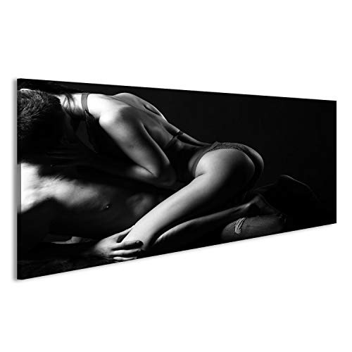 islandburner Bild Bilder auf Leinwand Sexy Junge Paar Frau in Spitze erotische Dessous sitzen über muskulösen Mann, schwarz und weiß Wandbild, Poster, Leinwandbild FBT