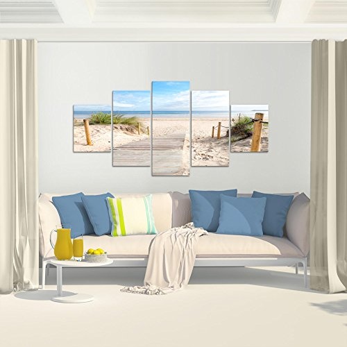 Bilder Strand Meer Wandbild 200 x 100 cm Vlies - Leinwand Bild XXL Format Wandbilder Wohnzimmer Wohnung Deko Kunstdrucke Blau 5 Teilig - MADE IN GERMANY - Fertig zum Aufhängen 607351b