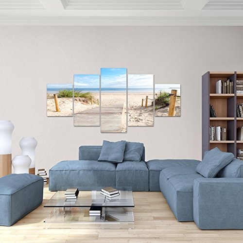 Bilder Strand Meer Wandbild 200 x 100 cm Vlies - Leinwand Bild XXL Format Wandbilder Wohnzimmer Wohnung Deko Kunstdrucke Blau 5 Teilig - MADE IN GERMANY - Fertig zum Aufhängen 607351b