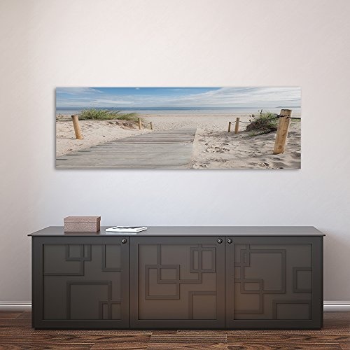 Feeby Frames, Leinwandbild, Bilder, Wand Bild, Wandbilder, Kunstdruck 40x120cm, STRAND, SAND, WASSER, GRAS, LANDSCHAFT, AUSSICHT, BRAUN, GRÜN, BLAU