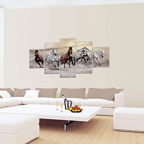 Bilder Pferde Wandbild 200 x 100 cm Vlies - Leinwand Bild XXL Format Wandbilder Wohnzimmer Wohnung Deko Kunstdrucke Braun 5 Teilig - MADE IN GERMANY - Fertig zum Aufhängen 014151a