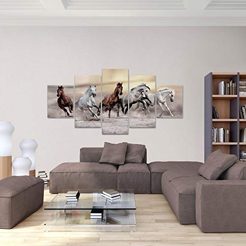 Bilder Pferde Wandbild 200 x 100 cm Vlies - Leinwand Bild XXL Format Wandbilder Wohnzimmer Wohnung Deko Kunstdrucke Braun 5 Teilig - MADE IN GERMANY - Fertig zum Aufhängen 014151a