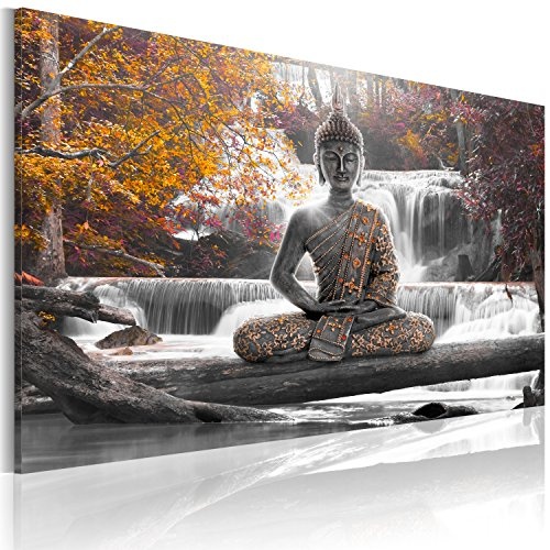 murando - Leinwandbilder Buddha 150x90 cm - Bild für die Selbstmontage - Wandbilder XXL - Kunstdruck - Wasserfall Natur Landschaft Baum orange rose c-A-0022-b-d