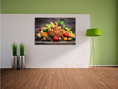 Pixxprint Frisches Obst und Gemüse im Korb, Format: 120x80 auf Leinwand