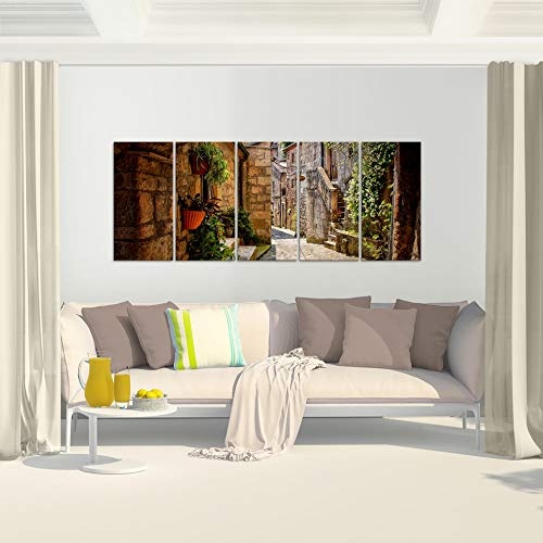 Bilder Gasse in Italien Wandbild 200 x 80 cm - 5 Teilig Vlies - Leinwand Bild XXL Format Wandbilder Wohnzimmer Wohnung Deko Kunstdrucke Braun - MADE IN GERMANY - Fertig zum Aufhängen 004855a