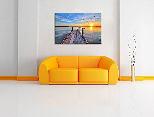 Steg mit Möwen bei Sonnenuntergang Format: 80x60 auf Leinwand, XXL riesige Bilder fertig gerahmt mit Keilrahmen, Kunstdruck auf Wandbild mit Rahmen, günstiger als Gemälde oder Ölbild, kein Poster oder Plakat