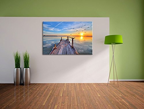 Steg mit Möwen bei Sonnenuntergang Format: 80x60 auf Leinwand, XXL riesige Bilder fertig gerahmt mit Keilrahmen, Kunstdruck auf Wandbild mit Rahmen, günstiger als Gemälde oder Ölbild, kein Poster oder Plakat