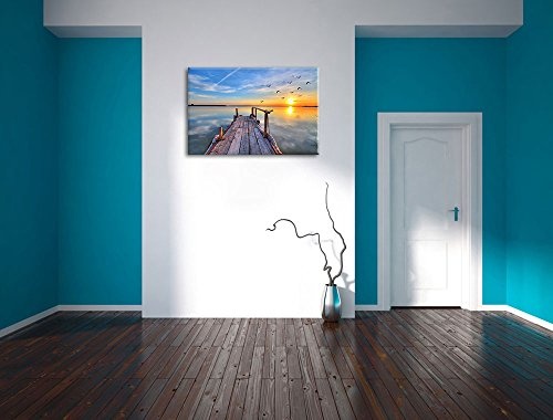 Steg mit Möwen bei Sonnenuntergang Format: 80x60 auf Leinwand, XXL riesige Bilder fertig gerahmt mit Keilrahmen, Kunstdruck auf Wandbild mit Rahmen, günstiger als Gemälde oder Ölbild, kein Poster oder Plakat