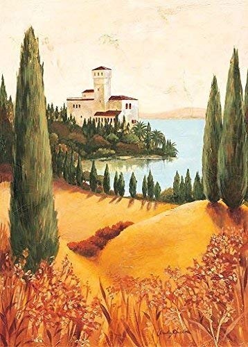 Keilrahmen-Bild - Claudia Ancilotti: Rocca Bella 50 x 70 cm Leinwandbild # Toskana Italien Landschaft See Zypressen Schloss Gutshof