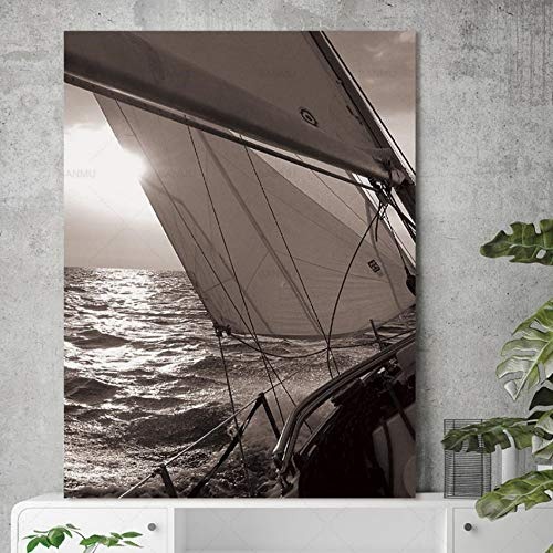 Leinwandbilder Segelboot Meer Nordisch Abstrakt Sonne Landschaft Wandbilder Dekorationsbilder Skandinavisch No FrameLeinwand Gemälde