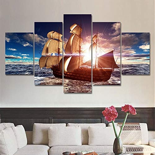 XMQW Leinwandbilder Poster Malerei 5 Stück Seewellen-Segelboot-Sonnenuntergang-Meerblick HD Drucke Für Wohnzimmer Wohnkultur,A,40x60x2+40x80x2+40x100x1