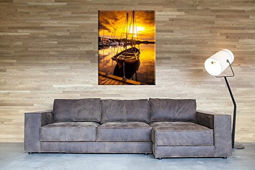 deinebilder24 Leinwand-Bild XXL - 120 x 80 cm - Kleines Segelboot angelegt im Sonnenuntergang