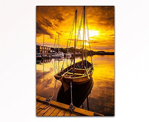 deinebilder24 Leinwand-Bild XXL - 120 x 80 cm - Kleines Segelboot angelegt im Sonnenuntergang