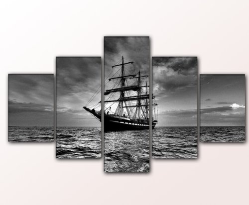 Segelboot in schwarz weiß 5 teiliger Kunstdruck...