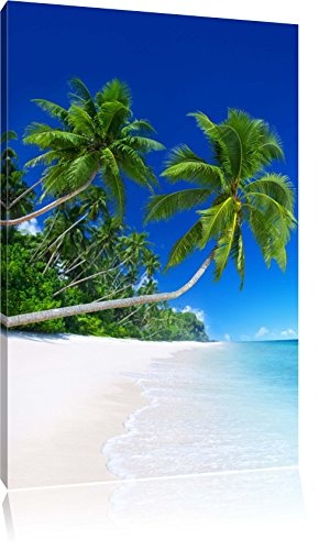 Pixxprint LFs7866_80x60 frische grüne Palmen am weißen Strand fertig gerahmt mit Keilrahmen Kunstdruck kein Poster oder Plakat auf Leinwand, 80 x 60 cm