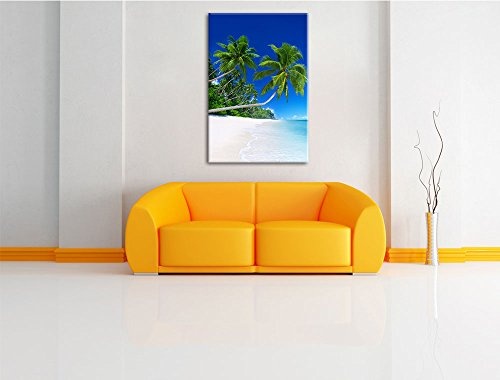 Pixxprint LFs7866_80x60 frische grüne Palmen am weißen Strand fertig gerahmt mit Keilrahmen Kunstdruck kein Poster oder Plakat auf Leinwand, 80 x 60 cm