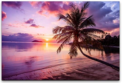 bestforhome 90x60cm Leinwandbild Palme am Strand in den Tropen bei Sonnenuntergang Leinwand auf Holzrahmen