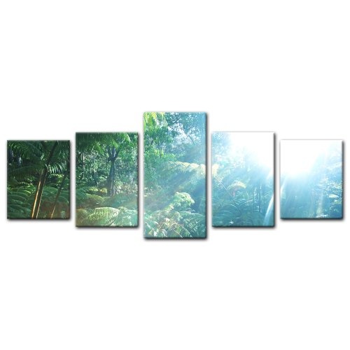 Wandbild - Regenwald in Hawaii - Bild auf Leinwand - 200x80 cm 5 teilig - Leinwandbilder - Bilder als Leinwanddruck - Landschaften - Urwald auf Hawai - Kauai