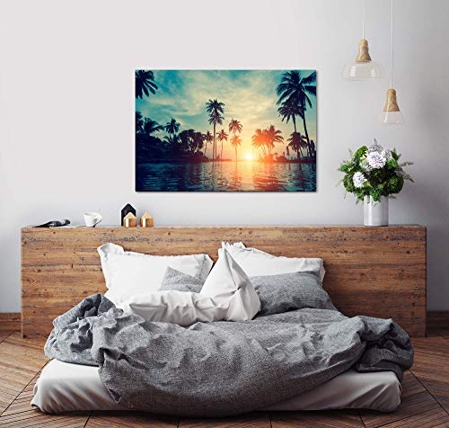 bestforhome 100x70cm Leinwandbild Palmen bei Sonnenuntergang am Strand Leinwand auf Holzrahmen