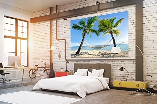 PMP 4life.® XXL Poster Strand Hängematte zwischen Palmen HD 140cm x 100cm Hochauflösende Wanddekoration Natur Bild für Wandgestaltung Wandbild | Fotoposter Karibik Sonne Sommer Palmen |