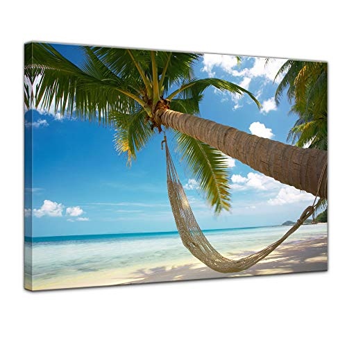 Wandbild - Palme - Hängematte - Bild auf Leinwand - 50 x 40 cm - Leinwandbilder - Bilder als Leinwanddruck - Urlaub, Sonne & Meer - Südsee - tropischer Strand