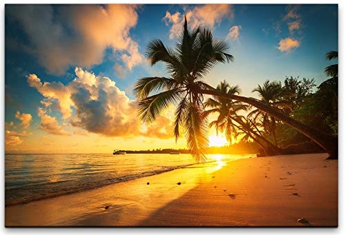 bestforhome 150x100cm Leinwandbild tropischer Strand mit Palmen bei Sonnenuntergang Leinwand auf Holzrahmen