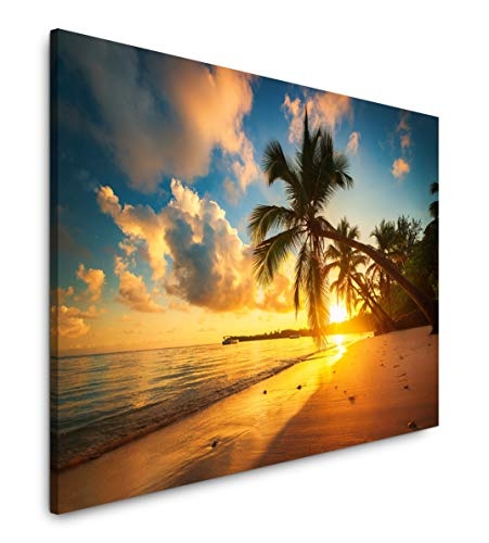 bestforhome 150x100cm Leinwandbild tropischer Strand mit Palmen bei Sonnenuntergang Leinwand auf Holzrahmen