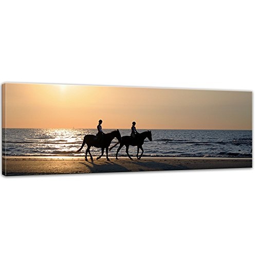 Keilrahmenbild - Reiter im Sonnenuntergang - Bild auf Leinwand - 120 x 40 cm - Leinwandbilder - Bilder als Leinwanddruck - Urlaub, Sonne & Meer - Zwei Reiter am Strand
